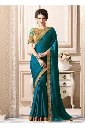 Teal art silk border designer saree 40007