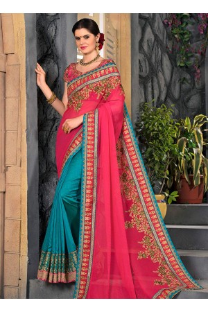 Teal blue and pink half and half saree 2008