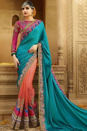 kollybollyethnics orange blue wedding sarees 6002