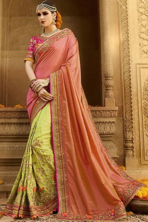 kollybollyethnics peach green silk wedding sarees 6001