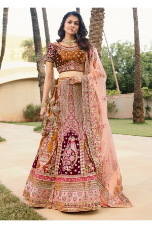 Ochre peach maroon Indian wedding hand work lehenga choli 981