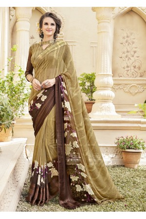 Beige Georgette Satin Traditional Printed Saree 589