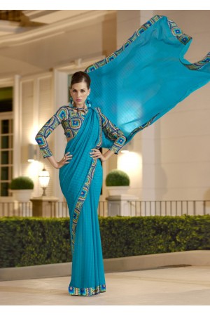 Blue Chiffon Border Worked Saree 1016