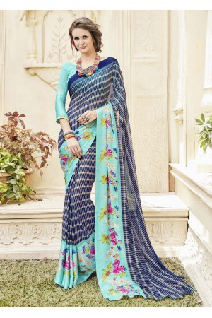 Blue Georgette Satin Stripes Printed Saree 594