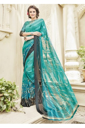 Green Colored Printed Georgette Satin Officewear Saree 591