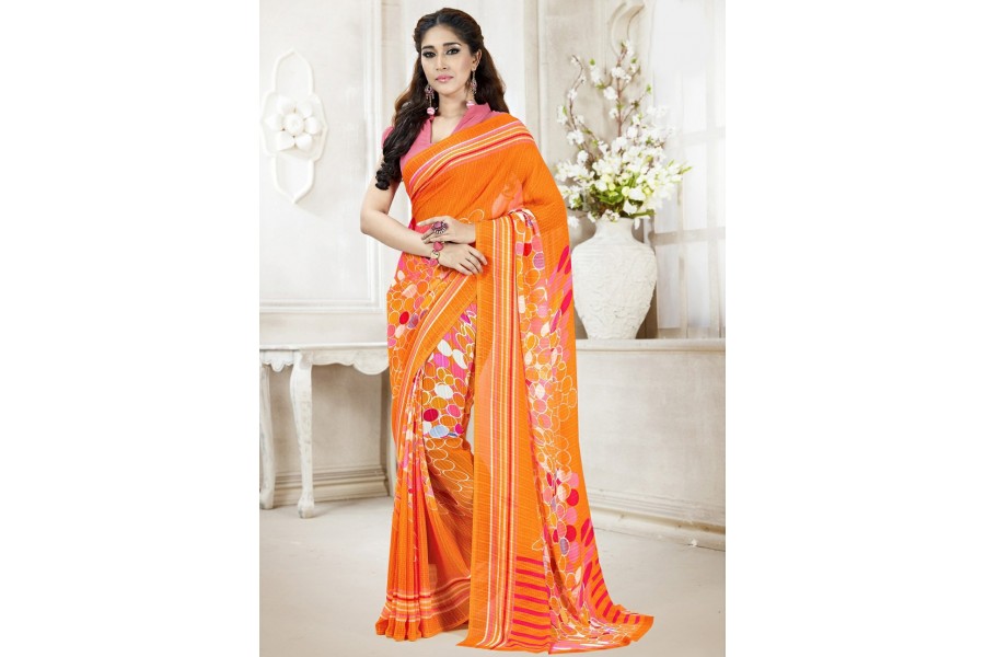 Olsa Orange Sequin & Zari Embroidered Faux Georgette Lehenga Saree main image 0