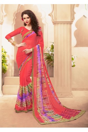 Peach Colored Printed Faux Georgette Saree 61031