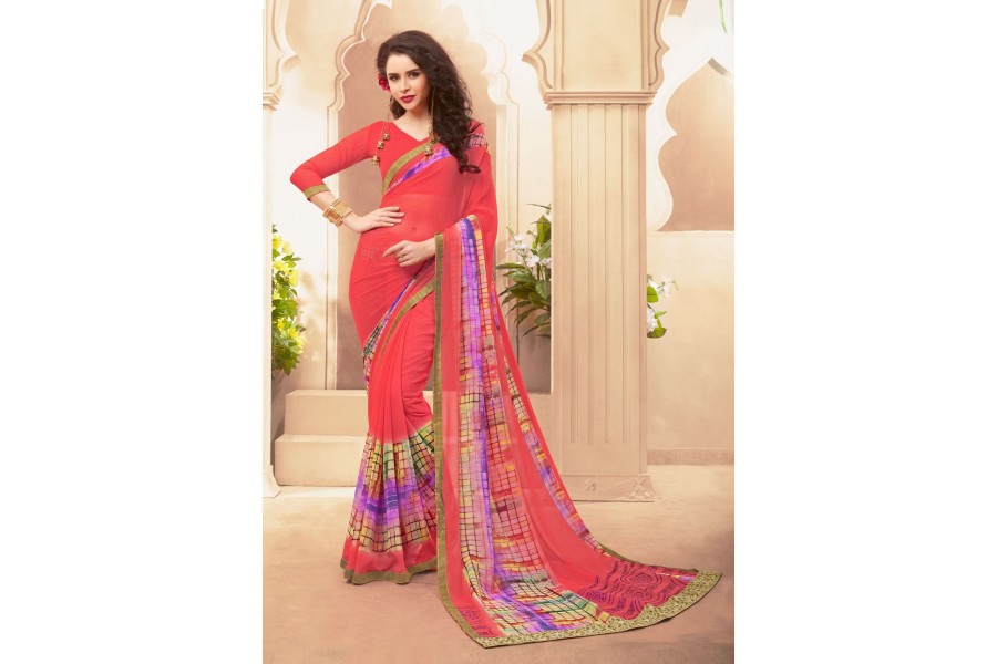 Peach Printed Georgette Saree