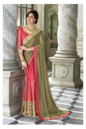 Pink Colored Border Worked Georgette Chiffon Partywear Saree 97054