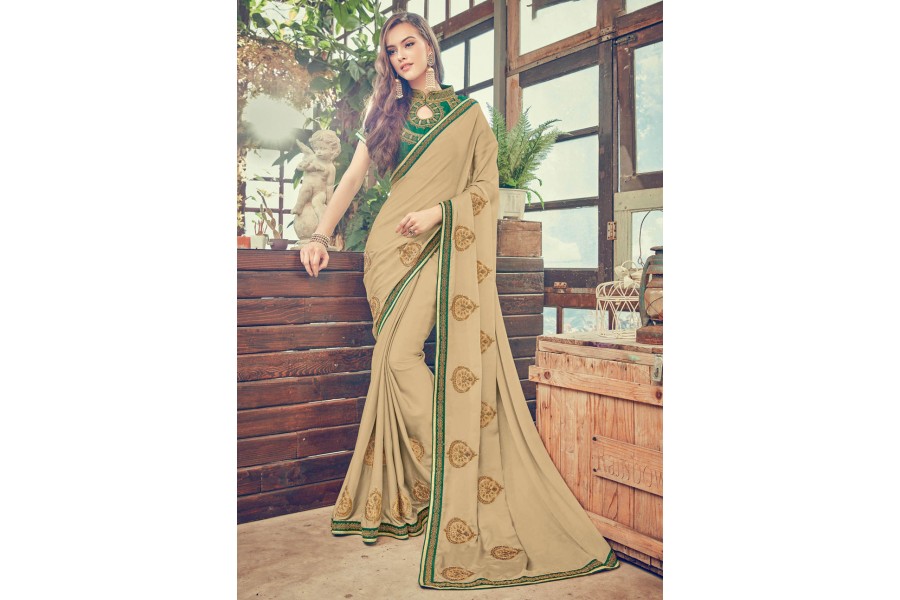 Wheat Ivory Beige Embroidered Saree main image 0