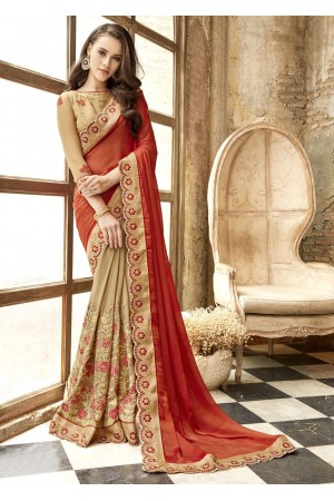 Beige Georgette Chiffon Embroidered Festive Saree 88006