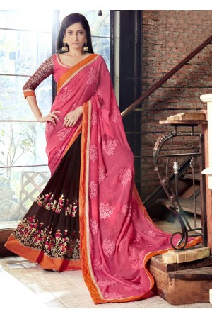 Brown Faux Georgette Embroidered Festive Saree 97077