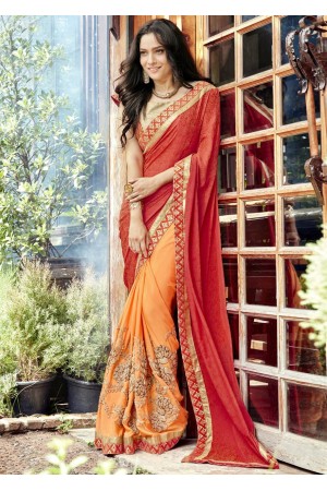 Orange Faux Georgette Embroidered Festive Saree 97079