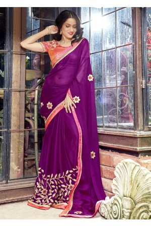 Purple Faux Georgette Embroidered Festive Saree 97078