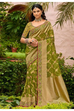 Green organza festival wear saree 1008