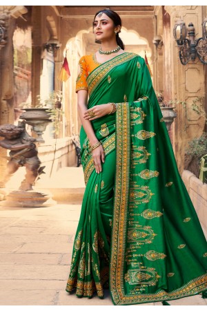 Green satin georgette saree with blouse 1110