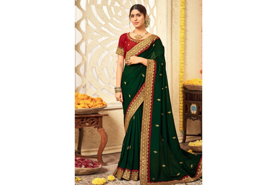 Women's Viscose Silk Green Printed Celebrity Saree With Blouse Piece