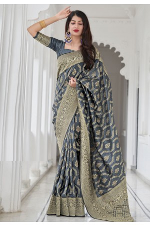 Grey banarasi saree with blouse 6003
