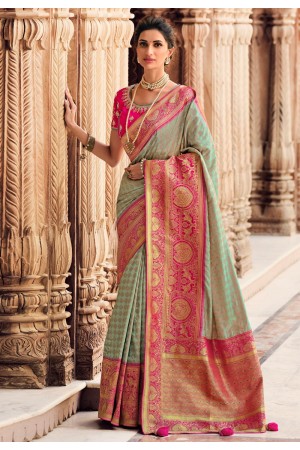 Light green silk saree with blouse 10139