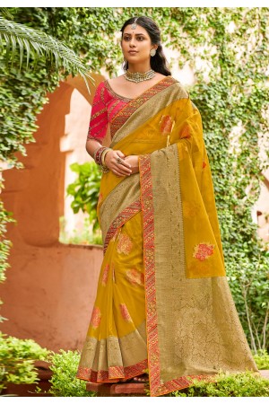 Mustard organza saree with blouse 1001