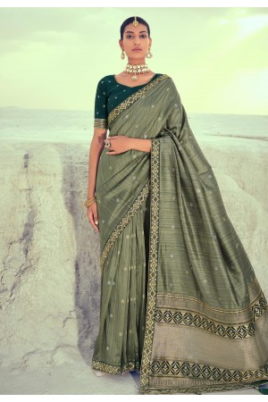 Olive green silk saree with blouse 4237