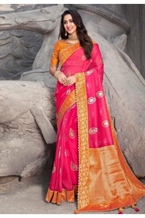 Pink silk saree with blouse 1309