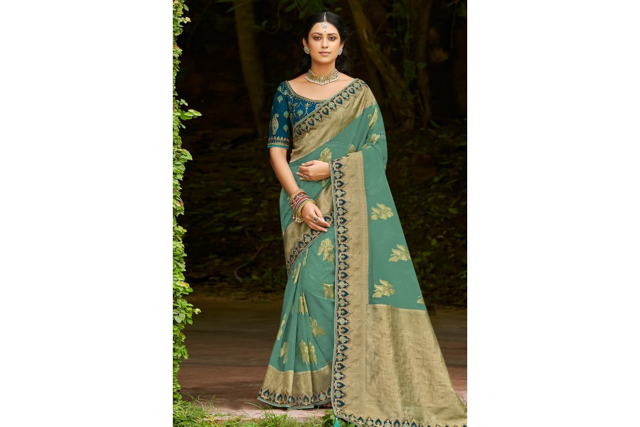 Sea green organza saree with blouse 1003