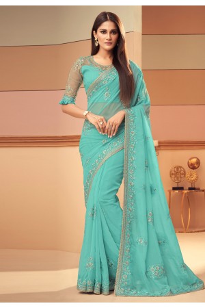 Sea green silk saree with blouse 6113