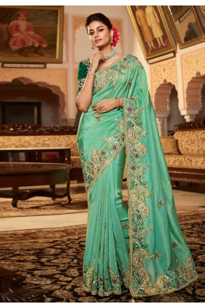 Sea green viscose saree with blouse 7009