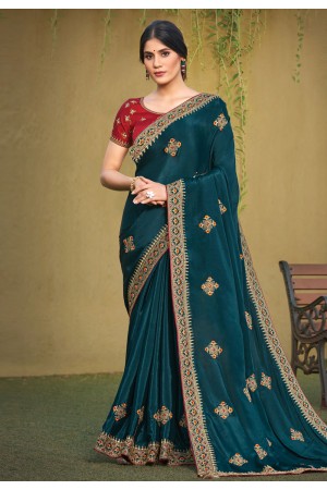Teal satin silk saree with blouse 41716