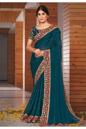 Teal silk georgette saree with blouse 41720