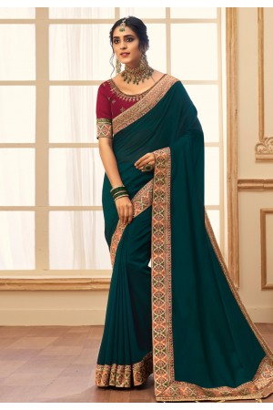 Teal silk saree with blouse 2801