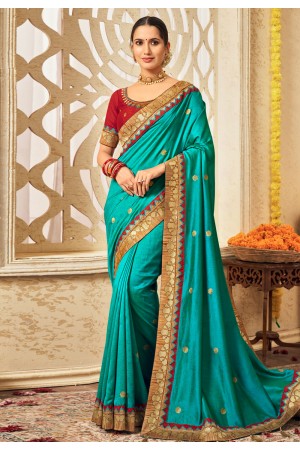 Turquoise silk saree with blouse 3005