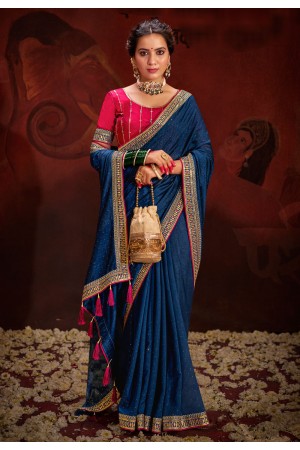 Vichitra Silk Saree with blouse in Navy blue and Pink 4005