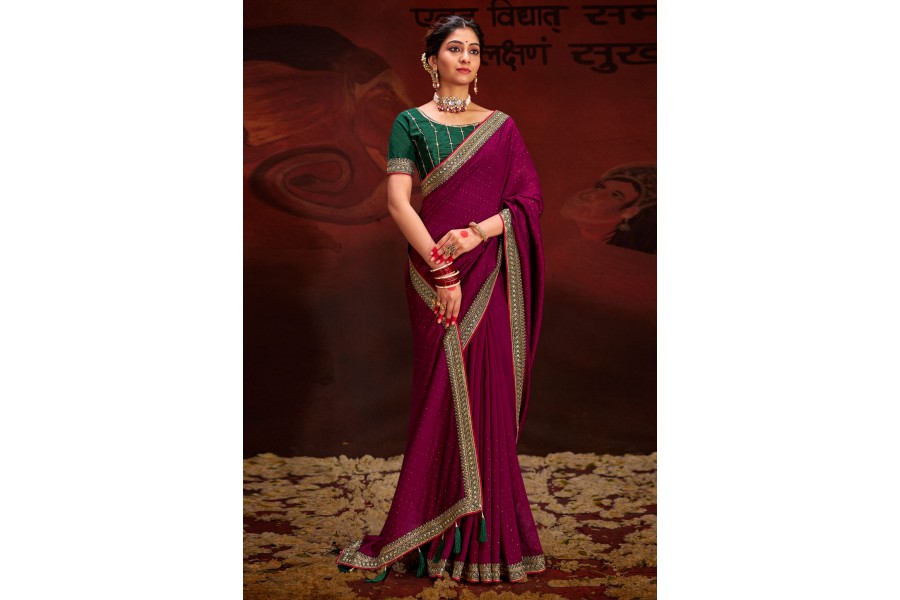 Purple Printed Silk Saree With Unstitched Blouse Piece