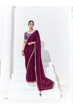 Organza Tissue Silk Saree with blouse in Wine color 2136