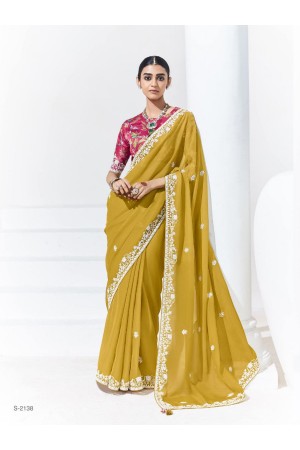 Organza Tissue Silk Saree with blouse in Yellow and Pink 2138