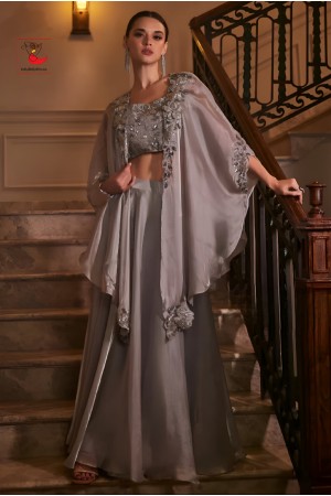 Indian wedding Georgette crop top cape suit in Grey color 3033