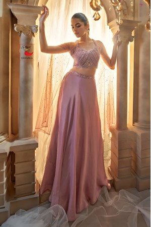 Indian wedding Georgette crop top cape suit in Mauve color 2919
