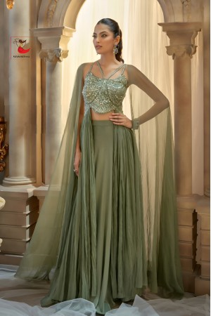 Indian wedding Georgette crop top cape suit in Mint green color 2934