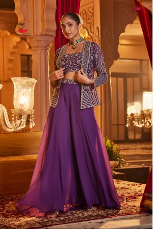 Indian wedding Georgette crop top jacket with Palazzo in Purple color 2991
