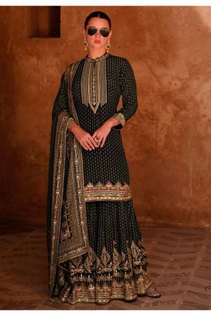 Premium crepe silk embroidered wedding wear sharara suit in Black colour