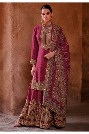 Premium crepe silk embroidered wedding wear sharara suit in Magenta colour