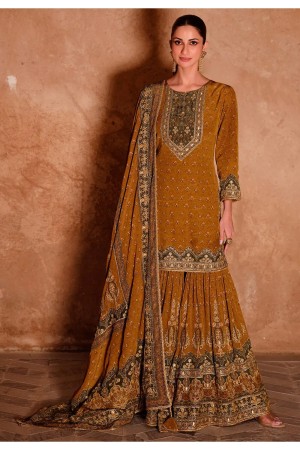 Premium crepe silk embroidered wedding wear sharara suit in Mustard colour