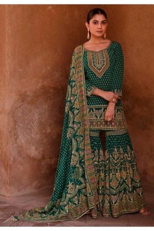 Premium crepe silk embroidered wedding wear sharara suit in Green colour