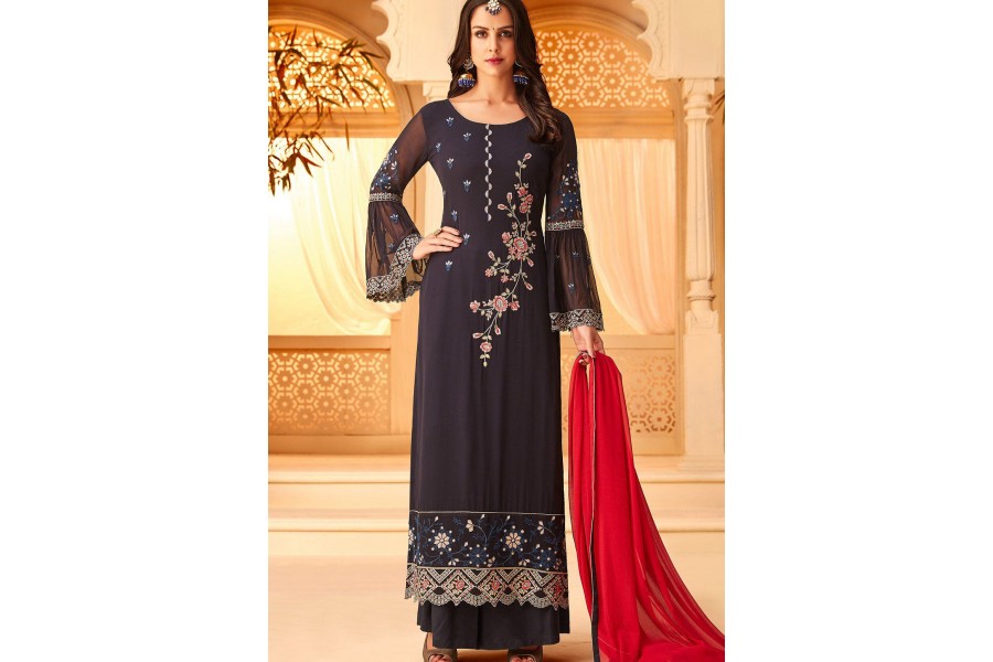 Palazzo Style Bluish Grey Embroidered Designer Suit