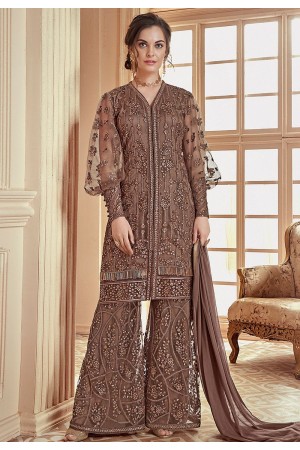 brown heavy net embroidered palazzo style pakistani suit 908