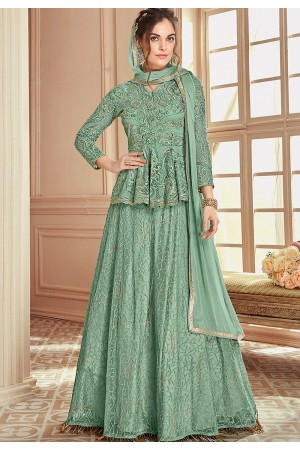 cyan heavy net embroidered koti style anarkali suit 904