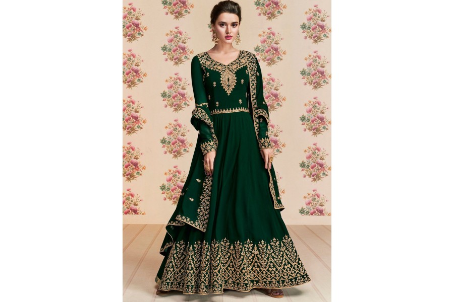 dark green georgette embroidered long anarkali suit 8192