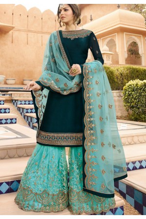 drashti dhami blue satin georgette embroidered sharara style suit 3602